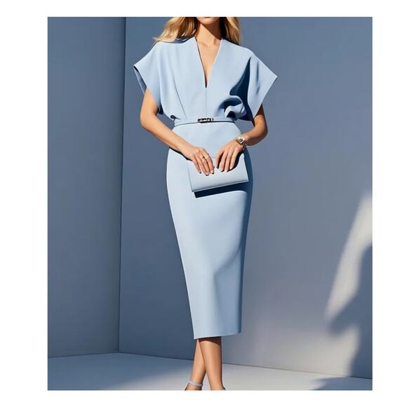 NWT Fehaute Light Blue Slit Classic V Neck Dolman Sheath Midi Dress Blue Size 8 - Picture 1 of 12